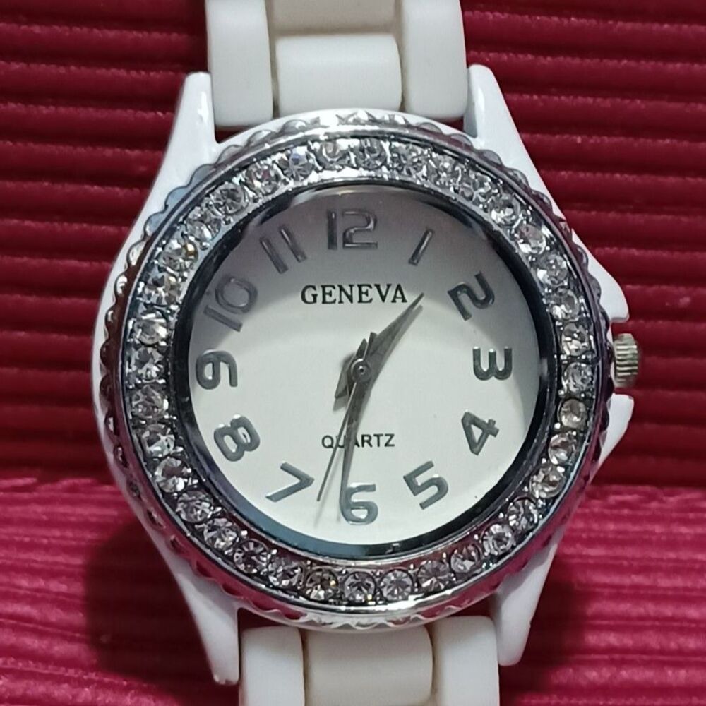 GENEVA Watch with Rhinestones and Soft White Wristband - Picture 2 of 3